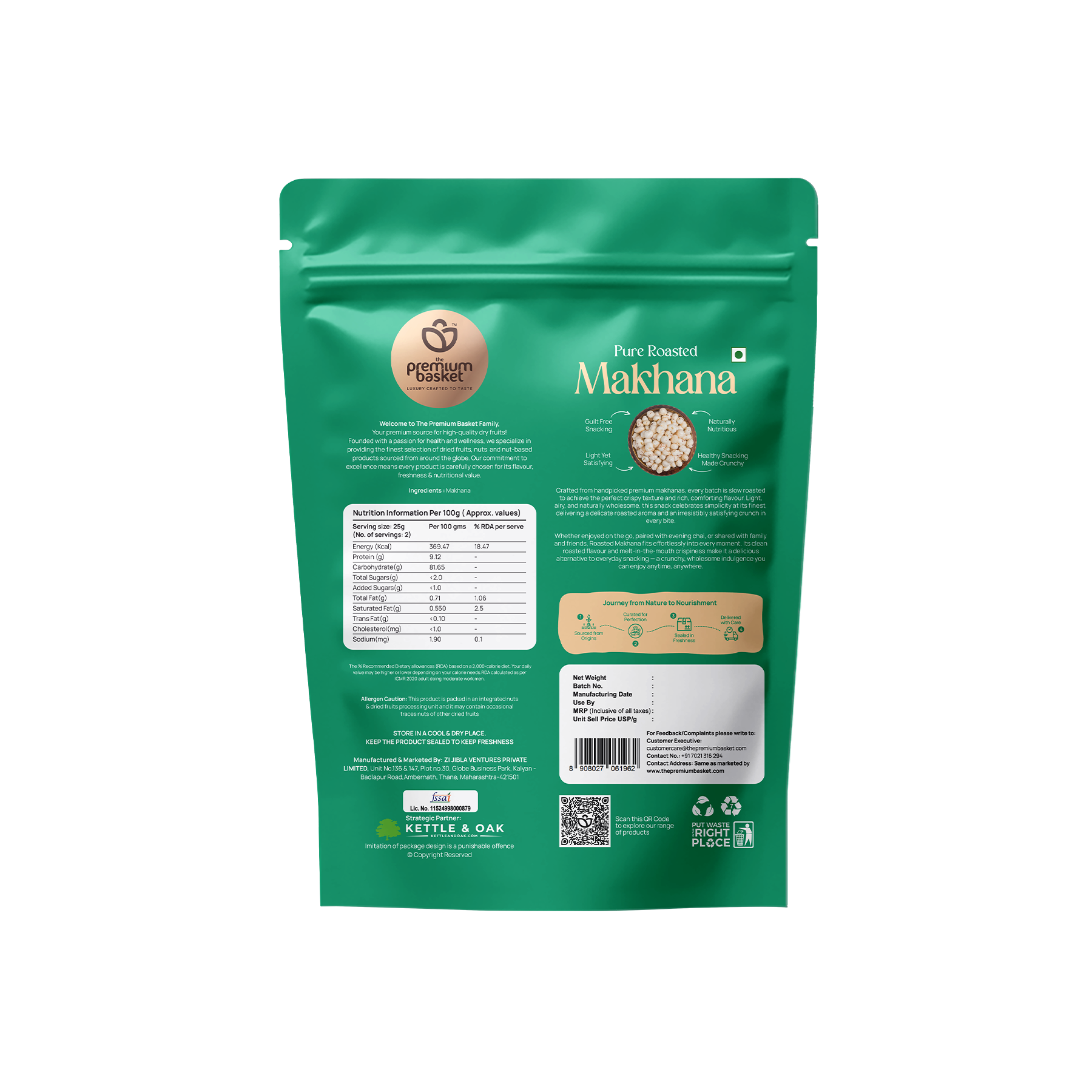Back view of green pouch of pure roasted makhana