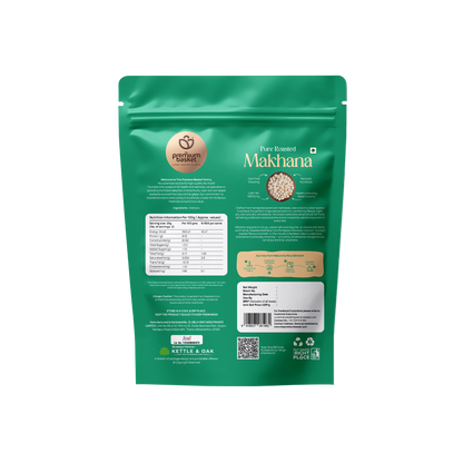 Back view of green pouch of pure roasted makhana