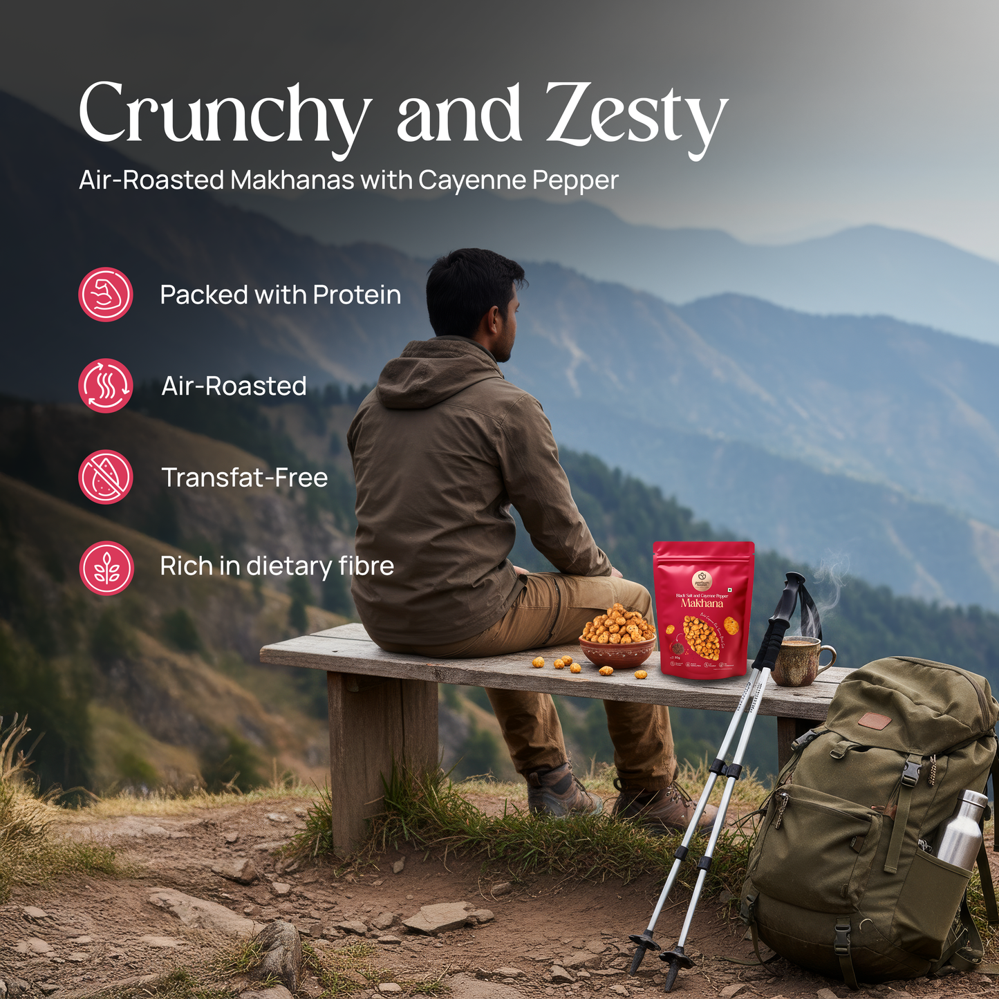 Single red makhana snack pouch with roasted makhana on campsite table