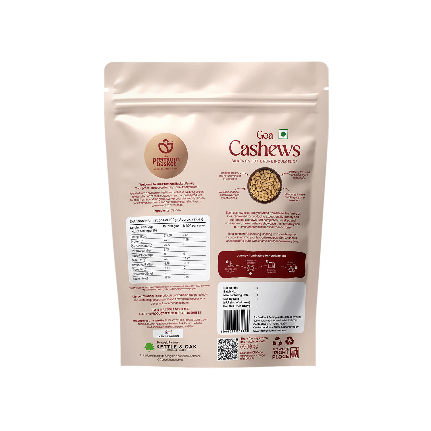 Goa Cashews pouch, back view with product details