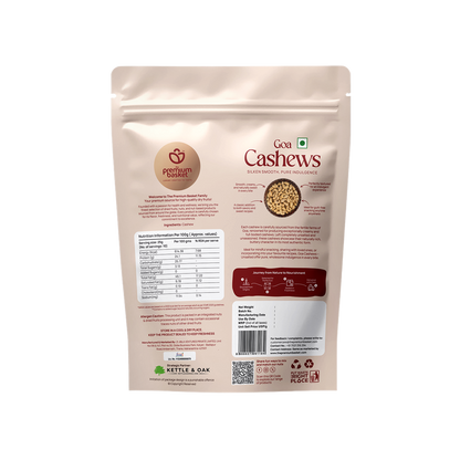 Goa Cashews pouch, back view with product details