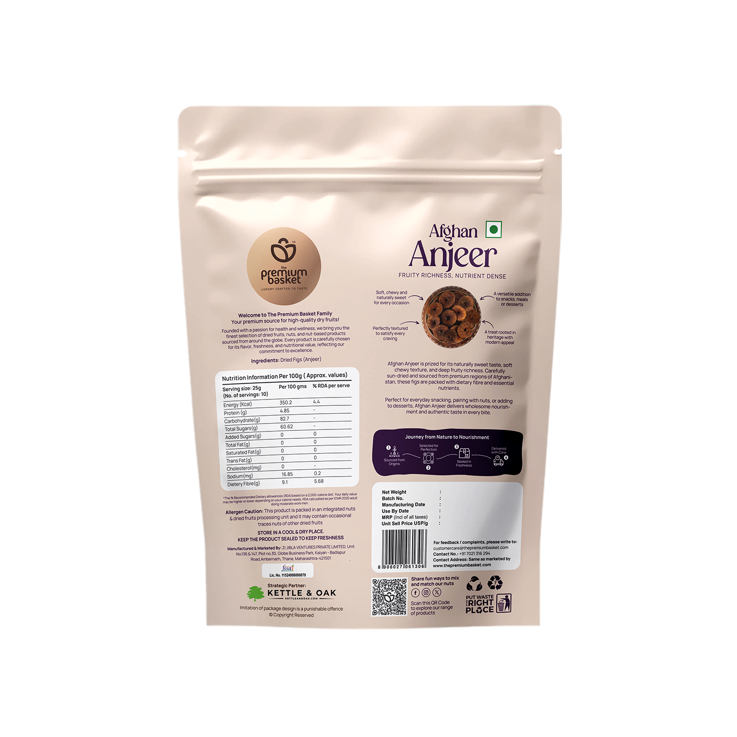 Afghan Anjeer pouch back with nutrition and ingredient panel, beige with purple top