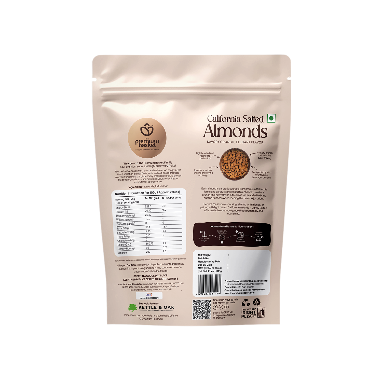 Salted almonds pouch, back view with ingredient and nutrition label, 250g