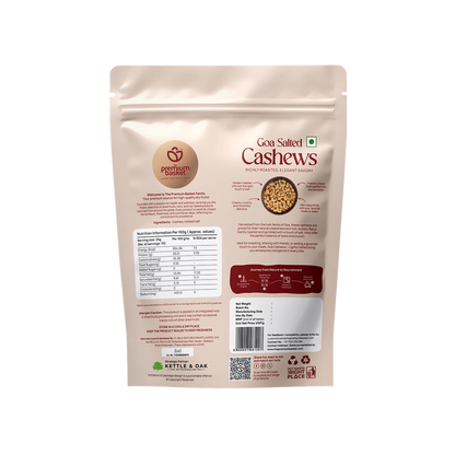 Goan salted cashews pouch back side with product details and nutrition table