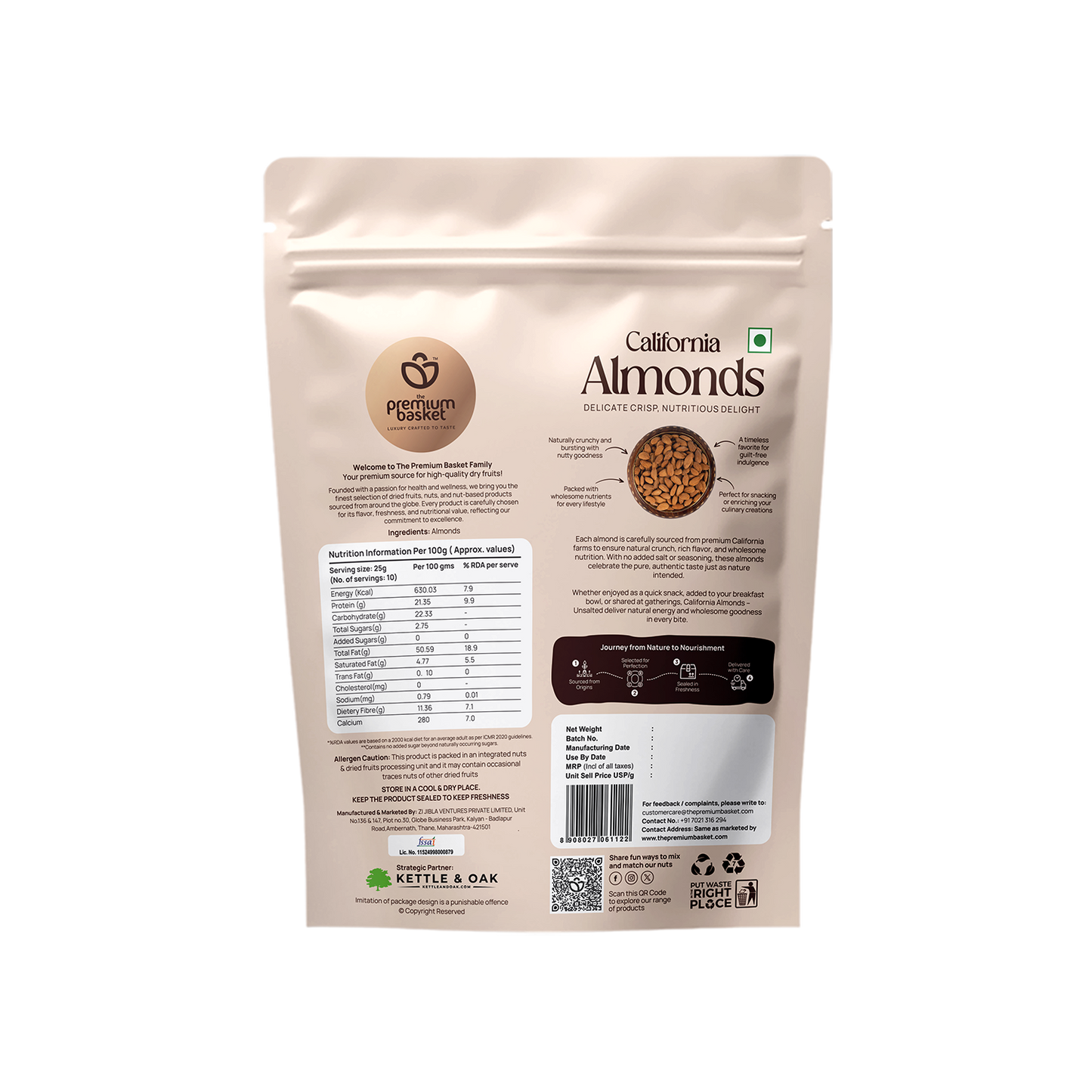 Almonds snack pouch back panel with nutrition facts and barcode, 250g