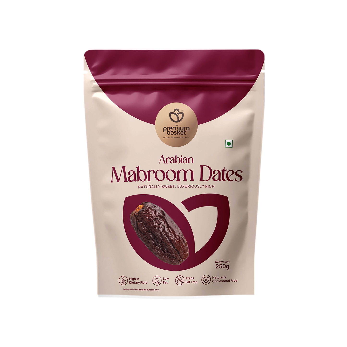 Arabian Mabroom Dates pouch, white with burgundy top and logo