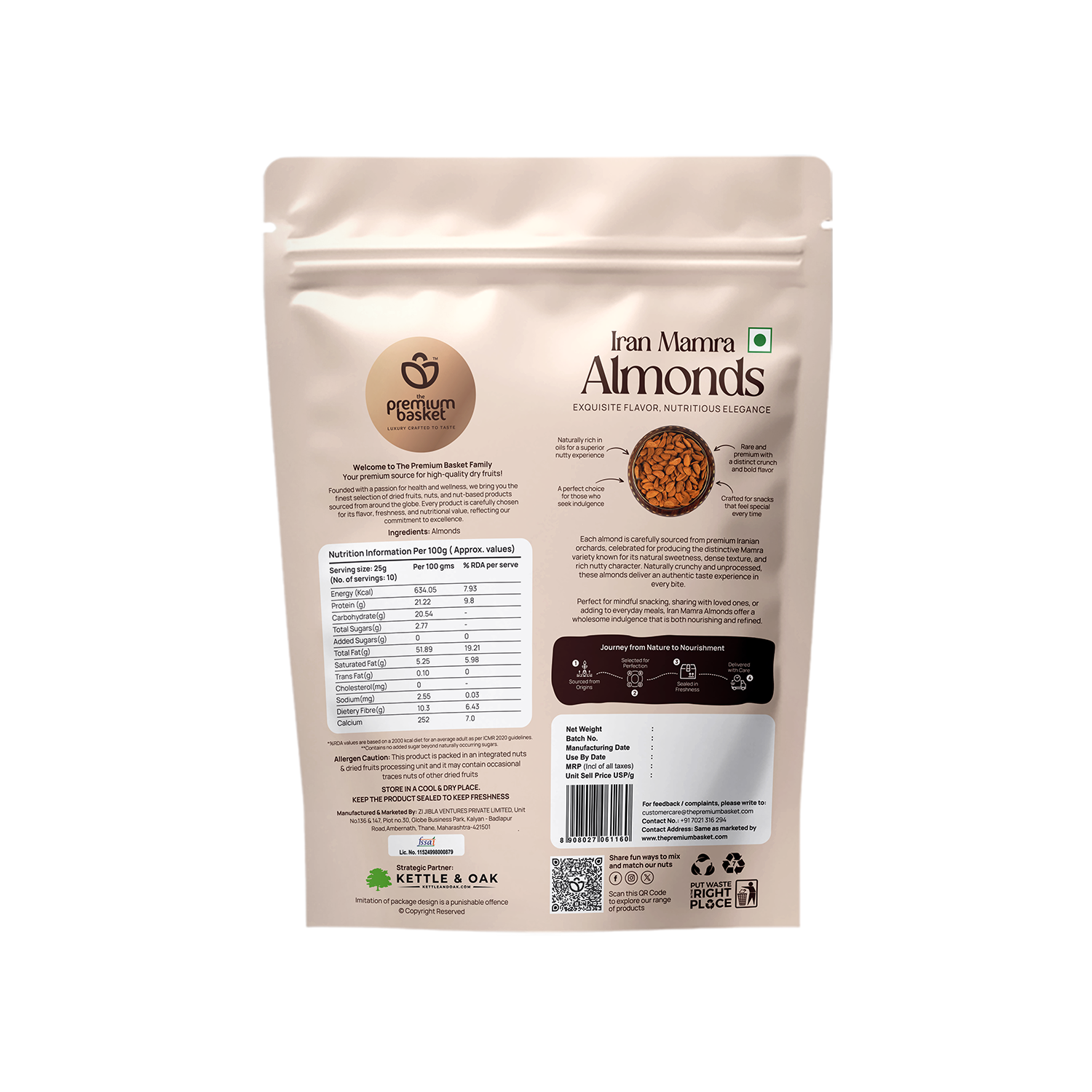 Almonds pouch back: Iran Mamra Almonds, white pack with nutrition panel, 250g