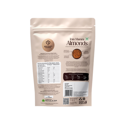 Almonds pouch back: Iran Mamra Almonds, white pack with nutrition panel, 250g