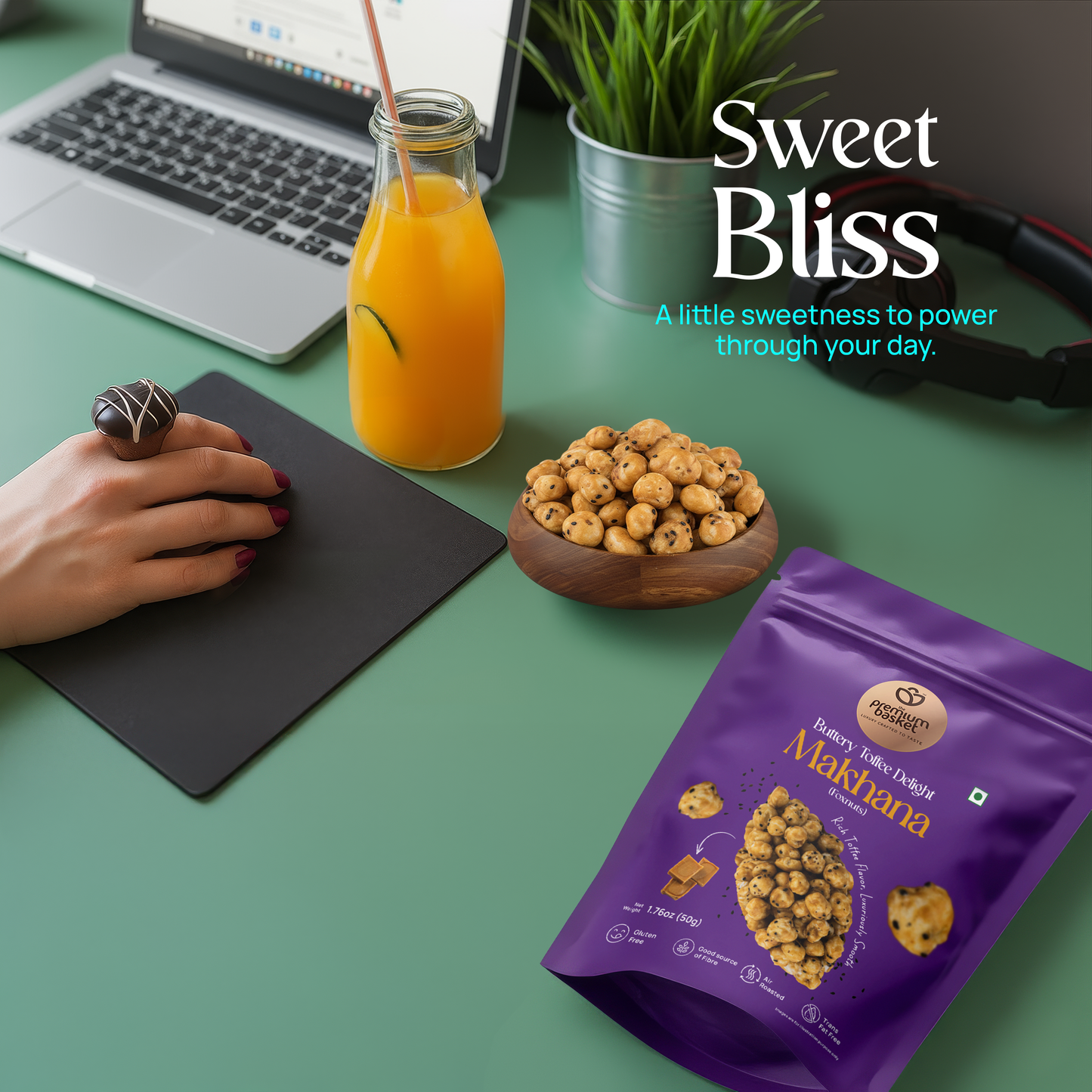Gourmet makhana snack bowl with purple pouch and roasted makhana