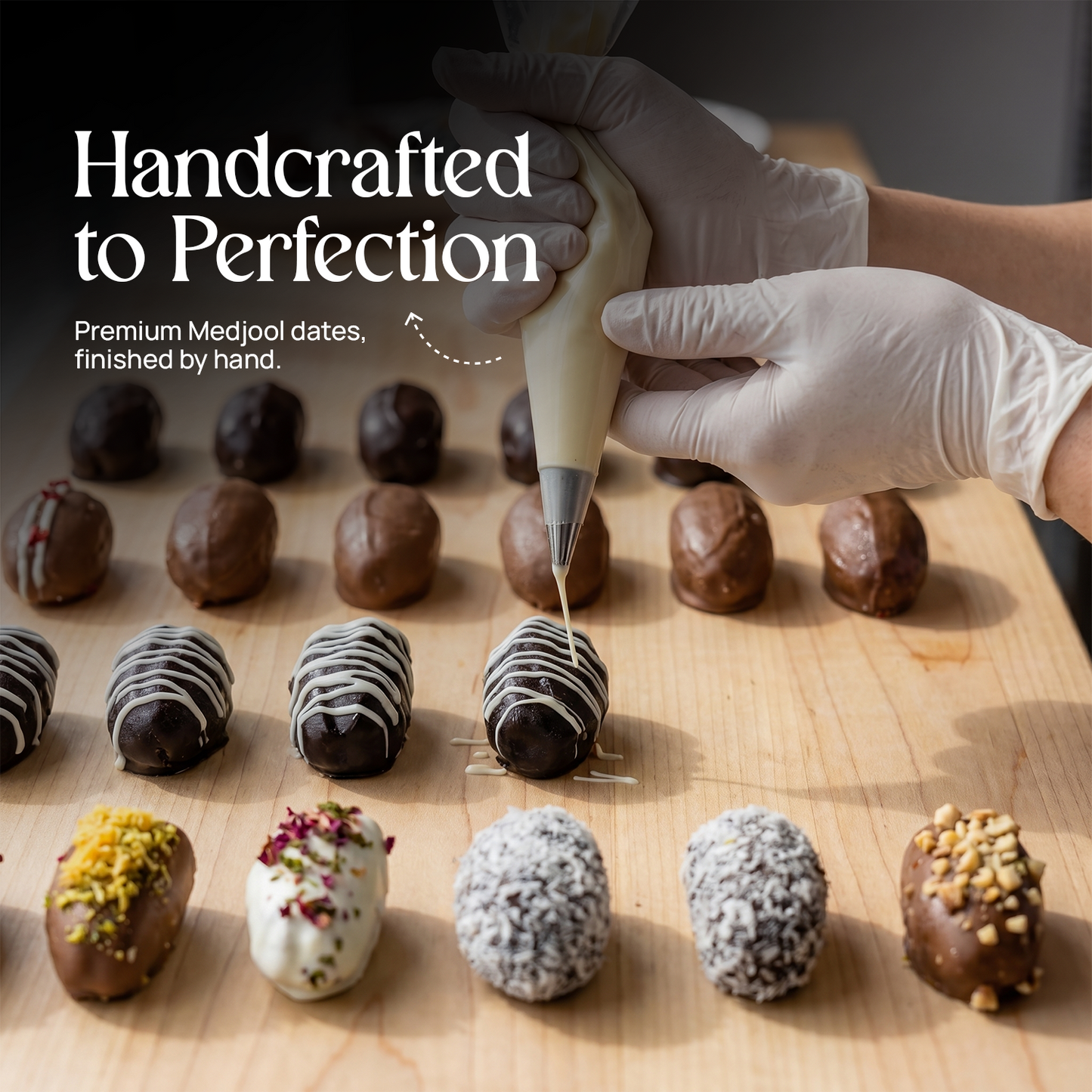 Handcrafted stuffed dates on a wooden board, with a piping bag adding drizzle