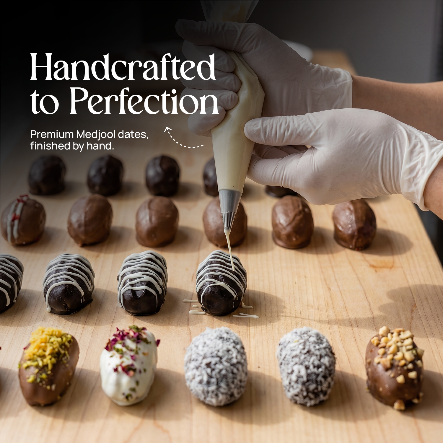 Handcrafted stuffed dates on a wooden board, with a piping bag adding drizzle