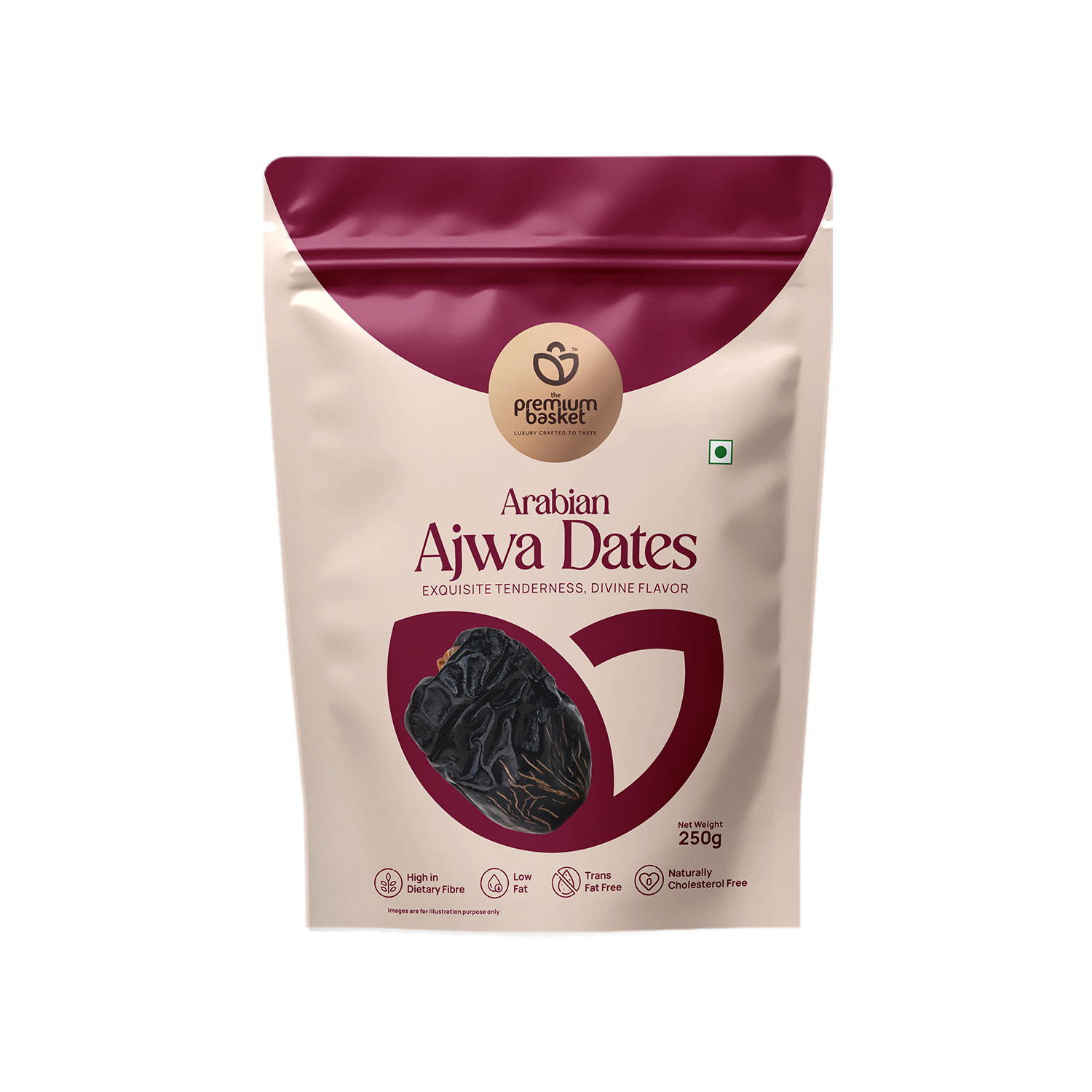 Arabian Ajwa Dates pouch, white with burgundy top and logo