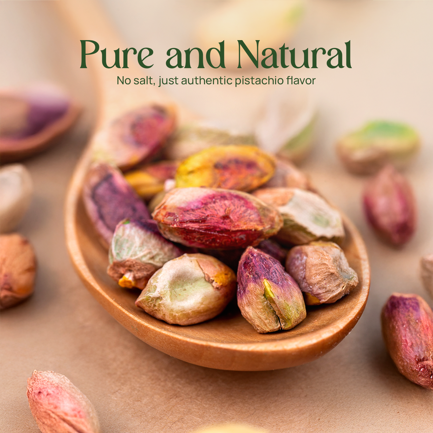 Pistachio kernels in a small wooden bowl with scattered kernels around