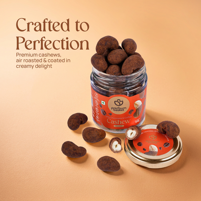 Milk chocolate coffee cashew jar with cashew pieces scattered around it