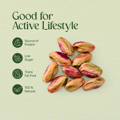Pistachio kernels shown with green infographic icons for nutrition claims