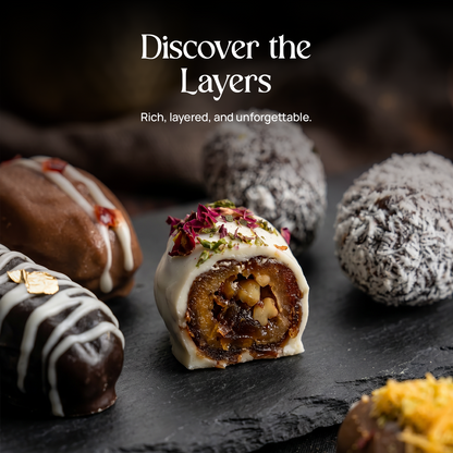 Dipped stuffed date with white coating and chopped rose petals, plus more dates