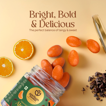 Valencia Orange Almonds jar with gold lid, orange fruit slices and coated almonds