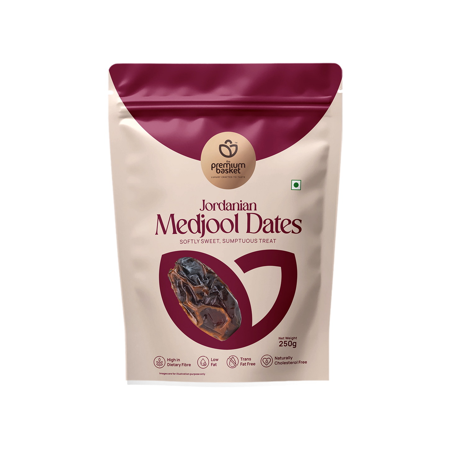 Jordanian Medjool Dates pouch, white with burgundy top and logo