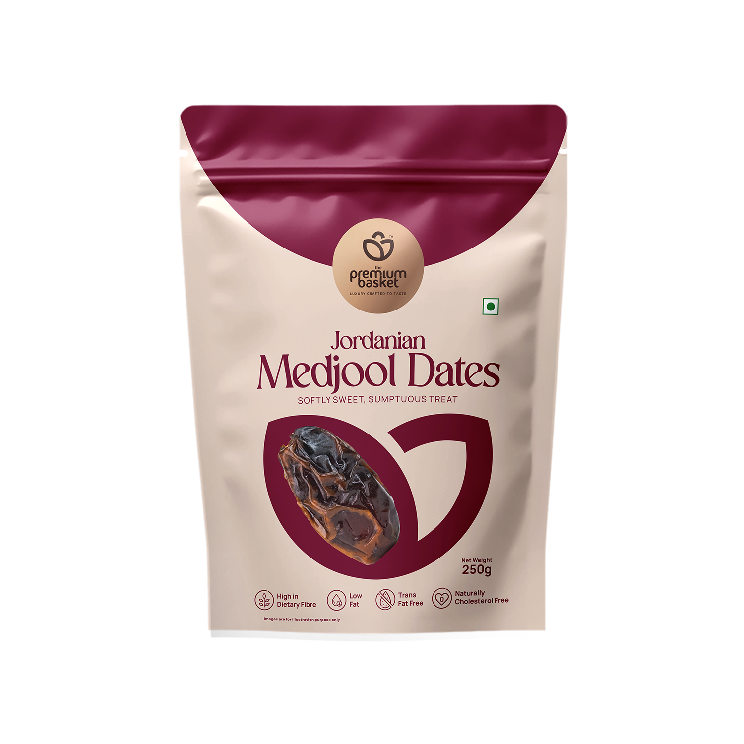 Jordanian Medjool Dates pouch, white with burgundy top and logo