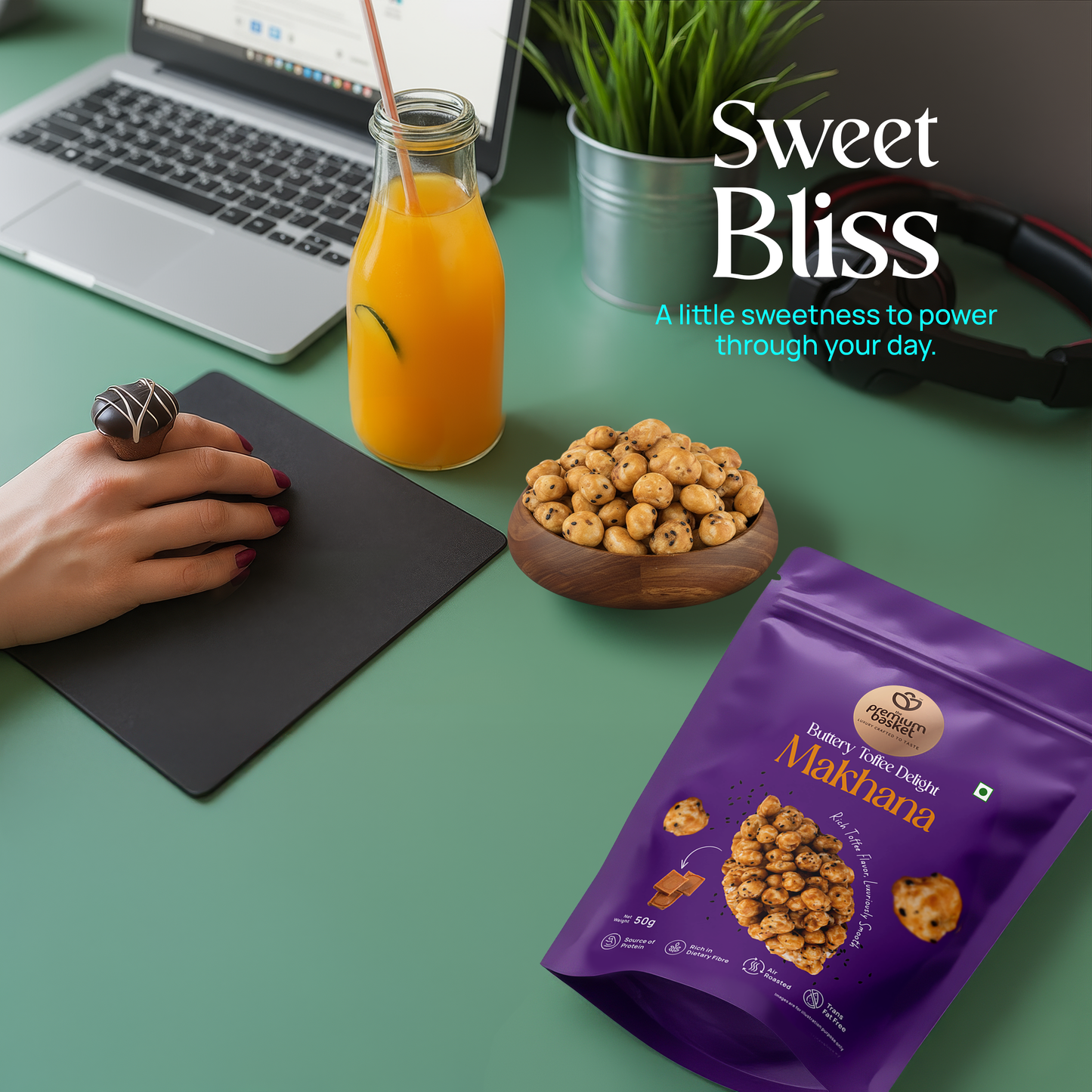 Makhana snack pouch in purple on tabletop with roasted bites