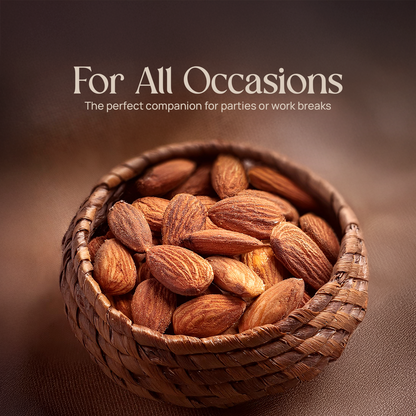 Salted almonds in woven bowl with roasted almonds