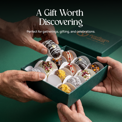 Teal stuffed dates gift box open, showing assorted dipped dates in paper cups