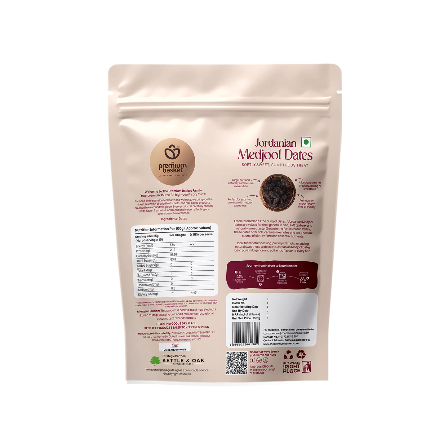 Dates pouch back label, white and burgundy for Premium Dates Trio
