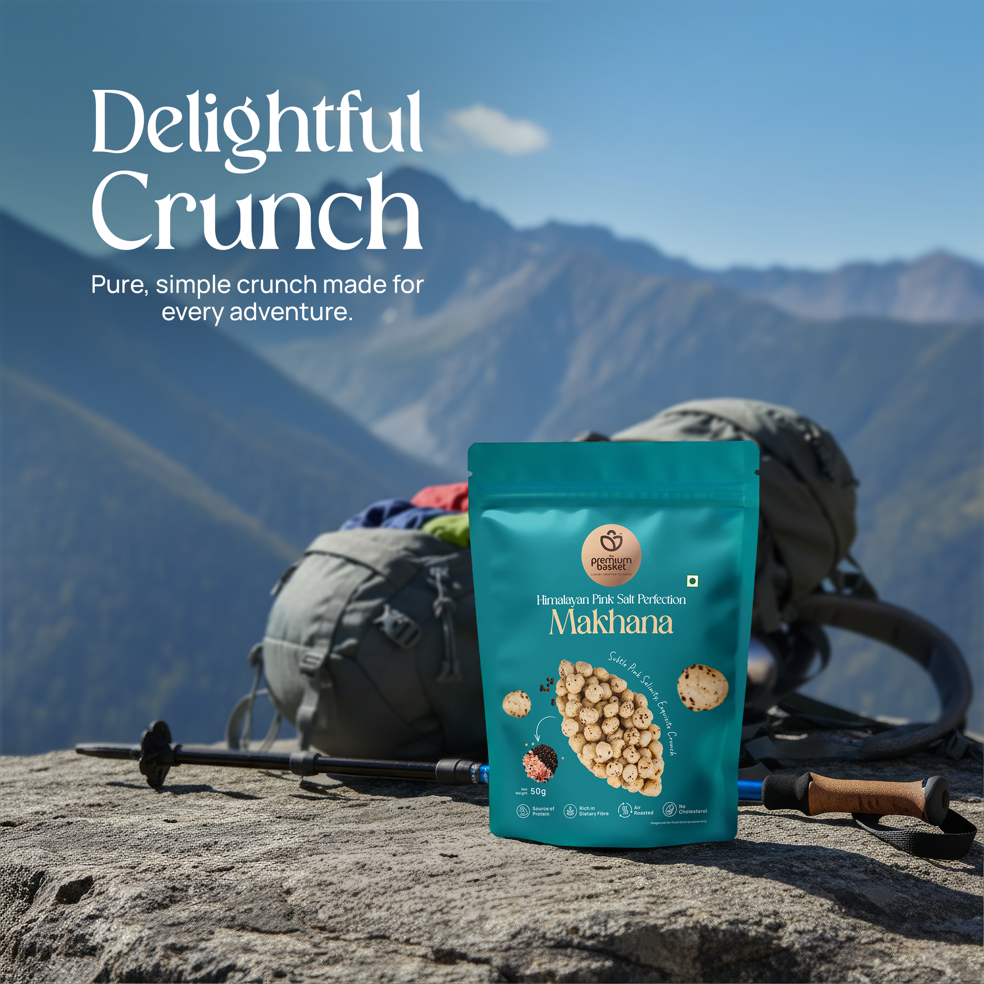 Turquoise makhana snack pouch with graphic puffed lotus seeds on outdoor surface