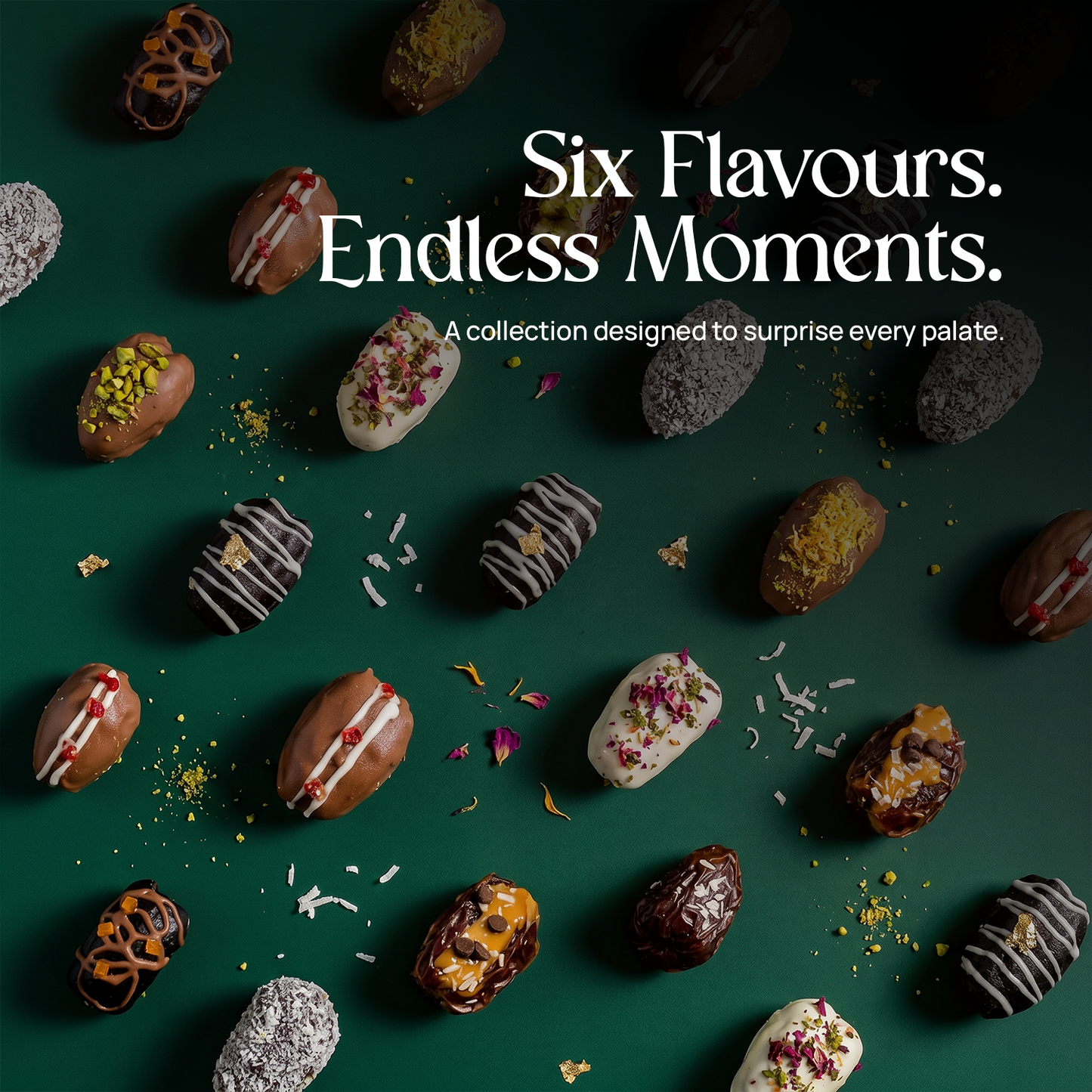 Assorted stuffed dates, dipped and sprinkled, laid out with visible toppings
