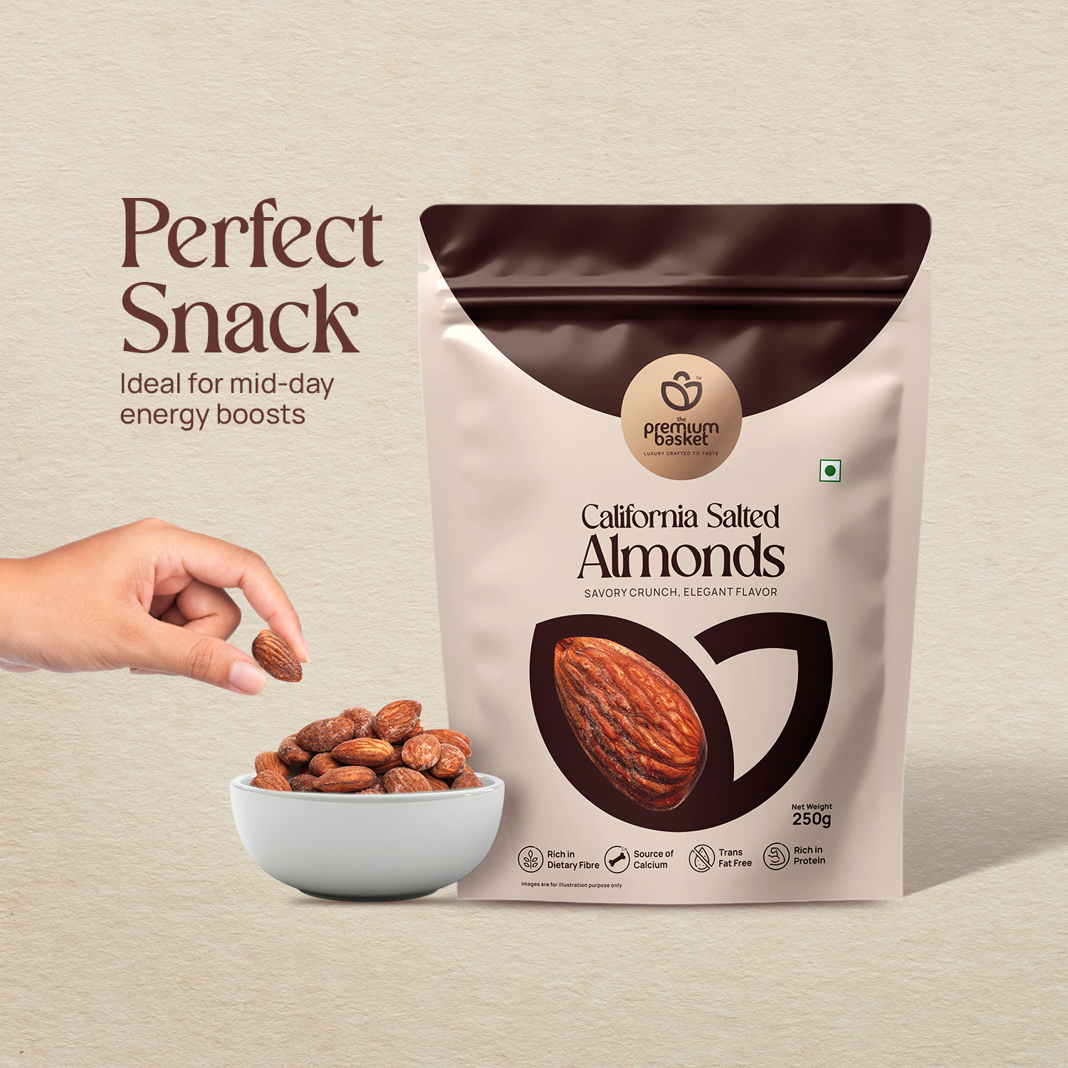 Salted almonds pouch with bowl of roasted almonds and a hand