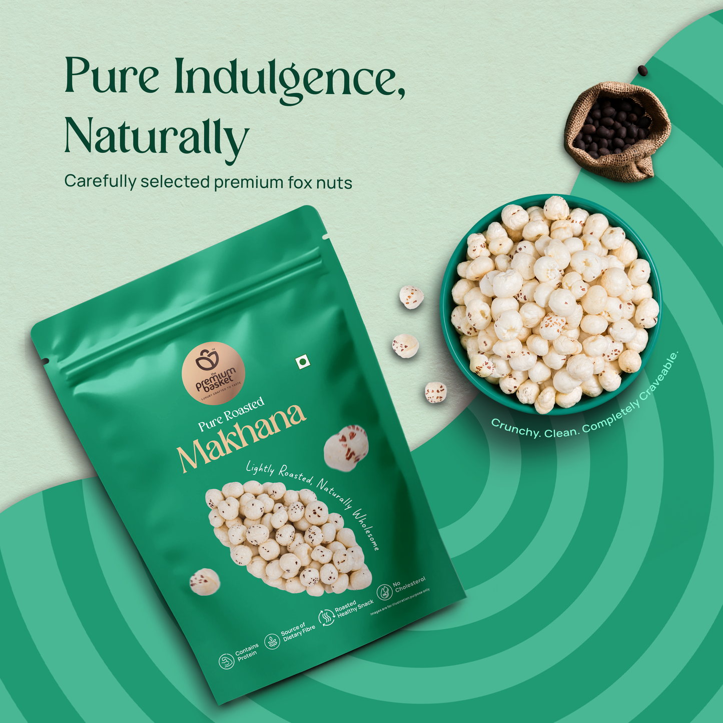 Green pouch and bowl of whole white roasted makhana kernels