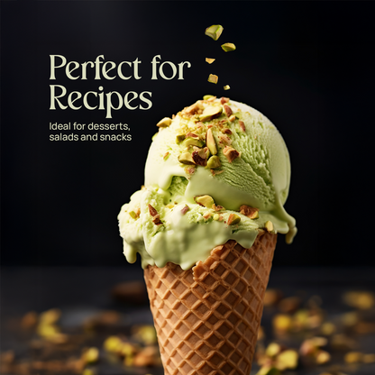 Pistachio ice cream in a waffle cone with chopped pistachios on top