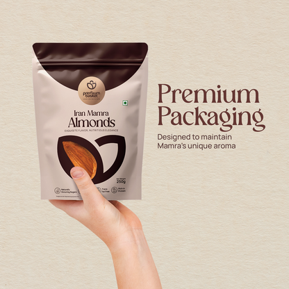 Iran Mamra Almonds pouch held in hand, white with dark brown top, 250g
