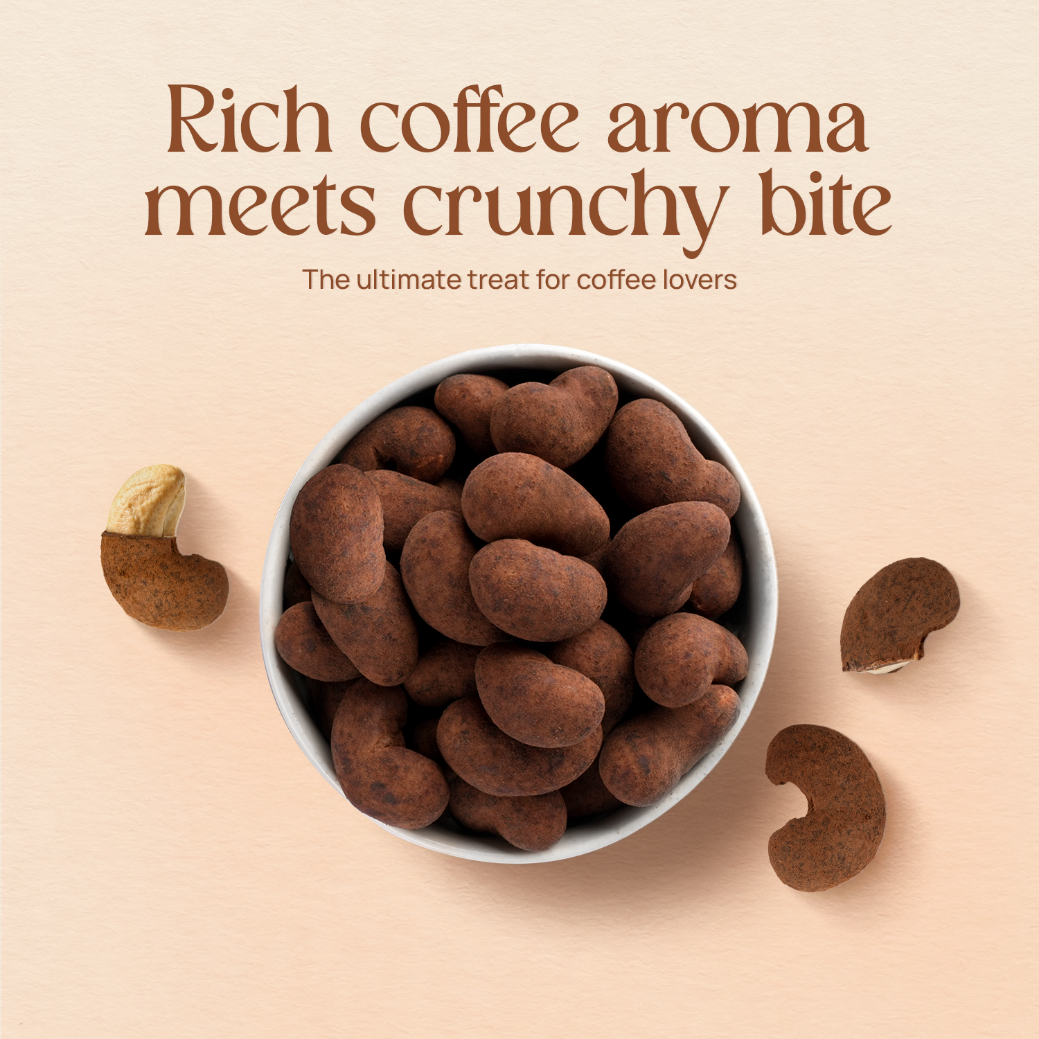 Roasted cashew nuts, coffee-chocolate coated, in a serving bowl