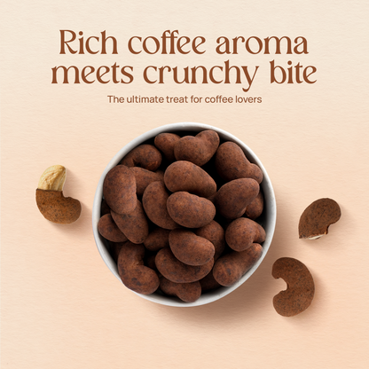 Roasted cashew nuts, coffee-chocolate coated, in a serving bowl