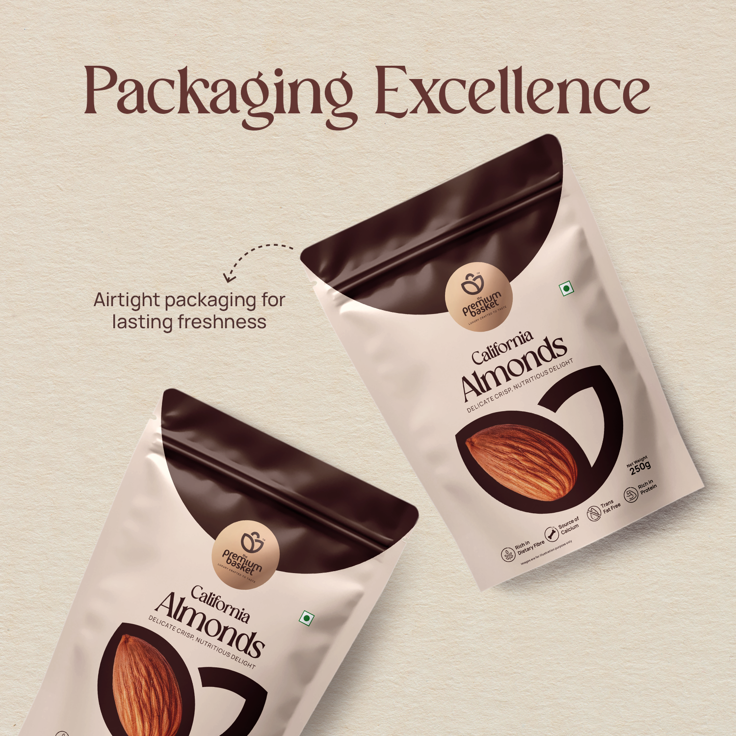 Two almonds snack pouches side by side, white with dark brown top, 250g
