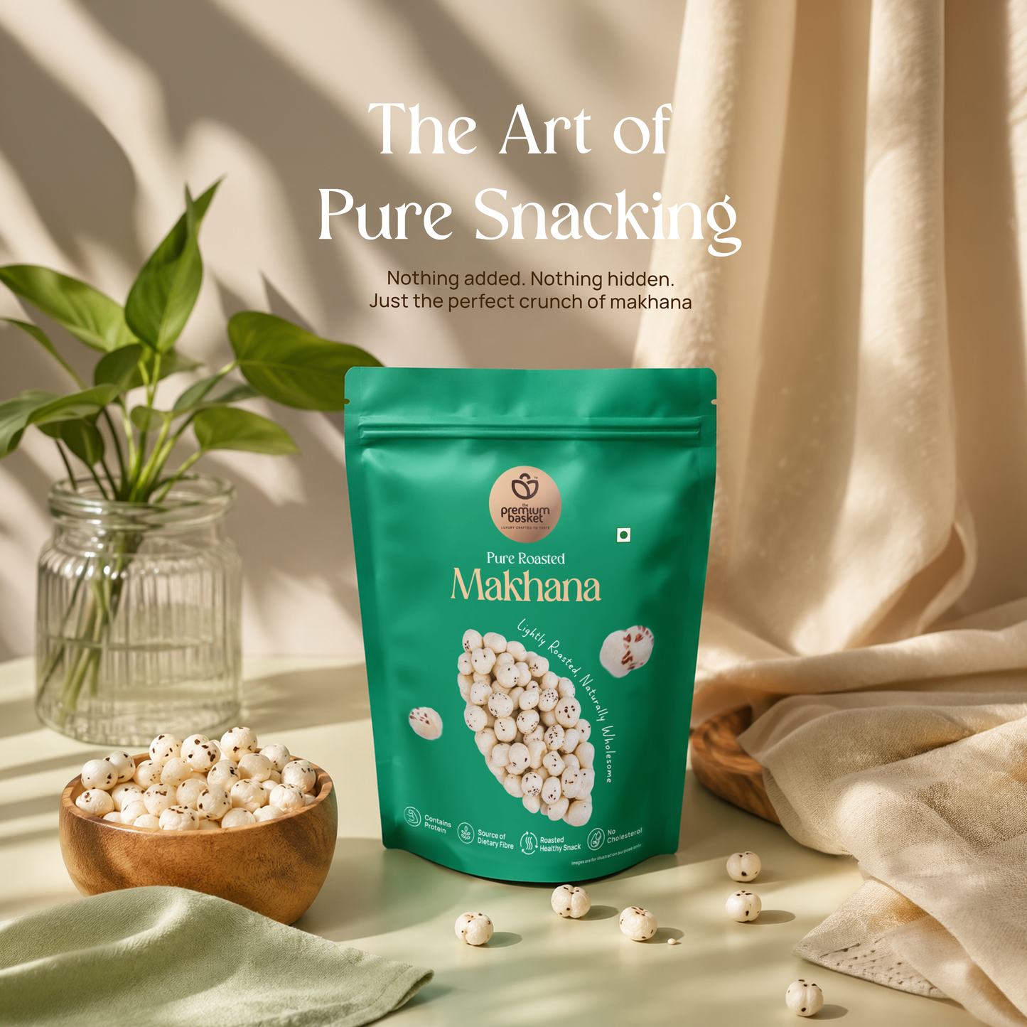 Green pouch of pure roasted makhana with bowl of white kernels around it