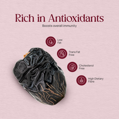 Single dark date fruit with nutrition icons for rich in antioxidants