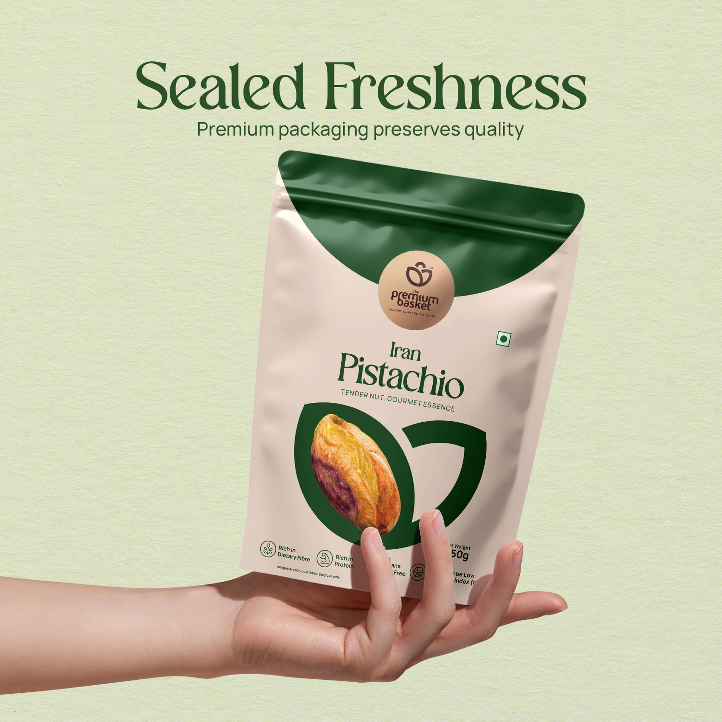 Pistachio kernels bag held in a hand, green top and white package