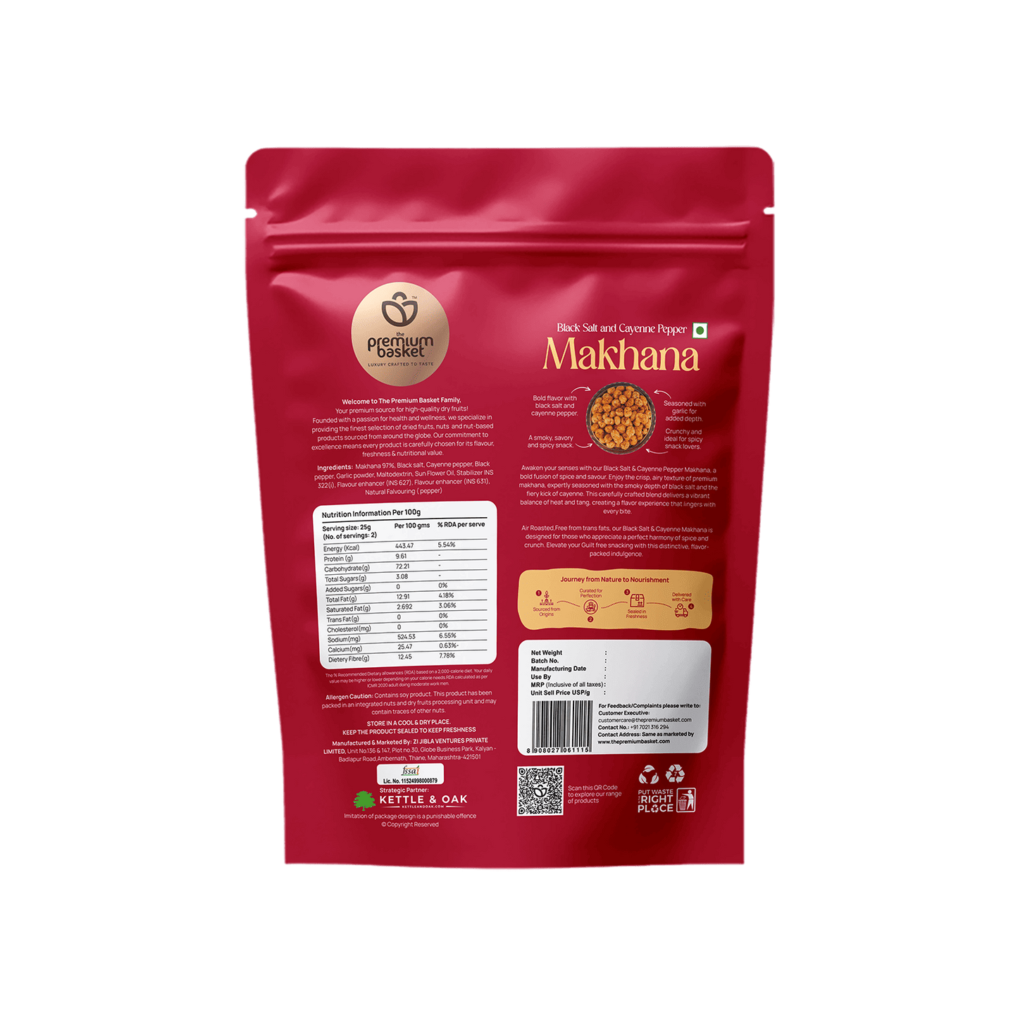 Red Makhanana back pouch with nutrition information panel and barcode