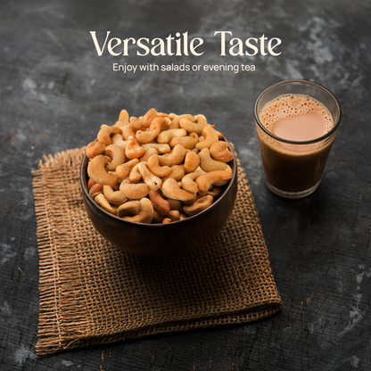 Bowl of roasted salted cashews with a glass of beverage, “Versatile Taste” theme
