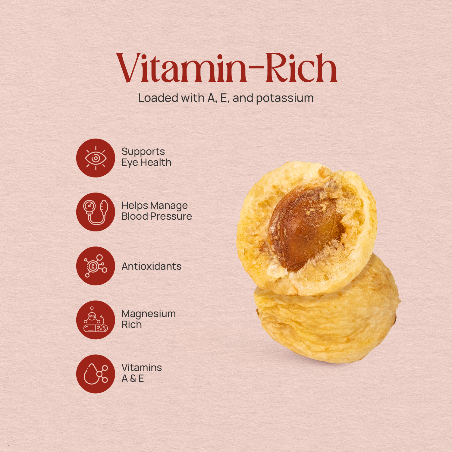 Dried apricots: golden halves with brown pit center