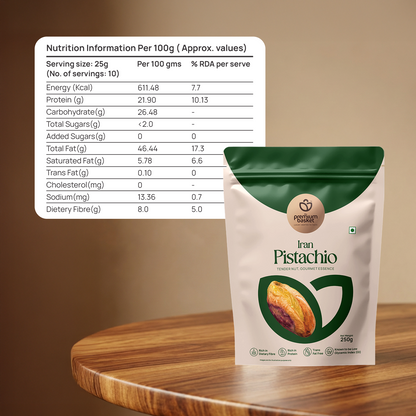 Pistachio kernels bag with nutrition panel, green-and-white packaging, 250g