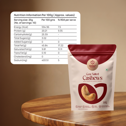 Goan salted cashews pouch with front label and nutrition facts panel