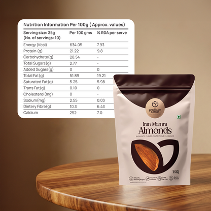 Almonds pouch with nutrition facts panel, white with dark brown top, 250g