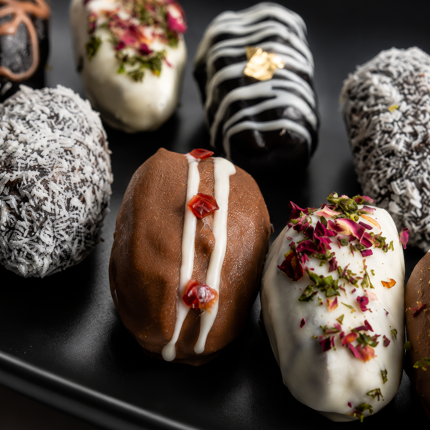 Close-up of stuffed dates with white drizzle, red filling, and chopped toppings