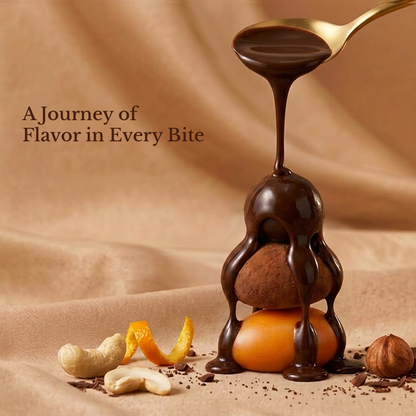 Chocolate dragees with dark chocolate drip and assorted nut pieces