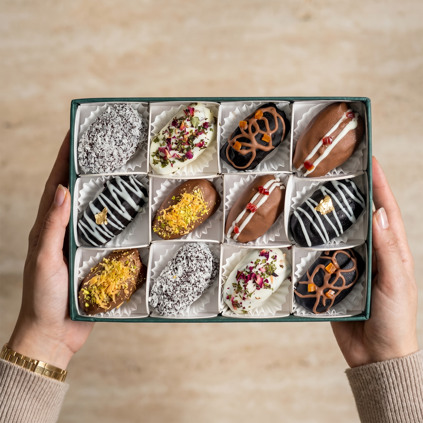 Teal stuffed dates gift box open, showing 12 compartments of assorted dipped dates