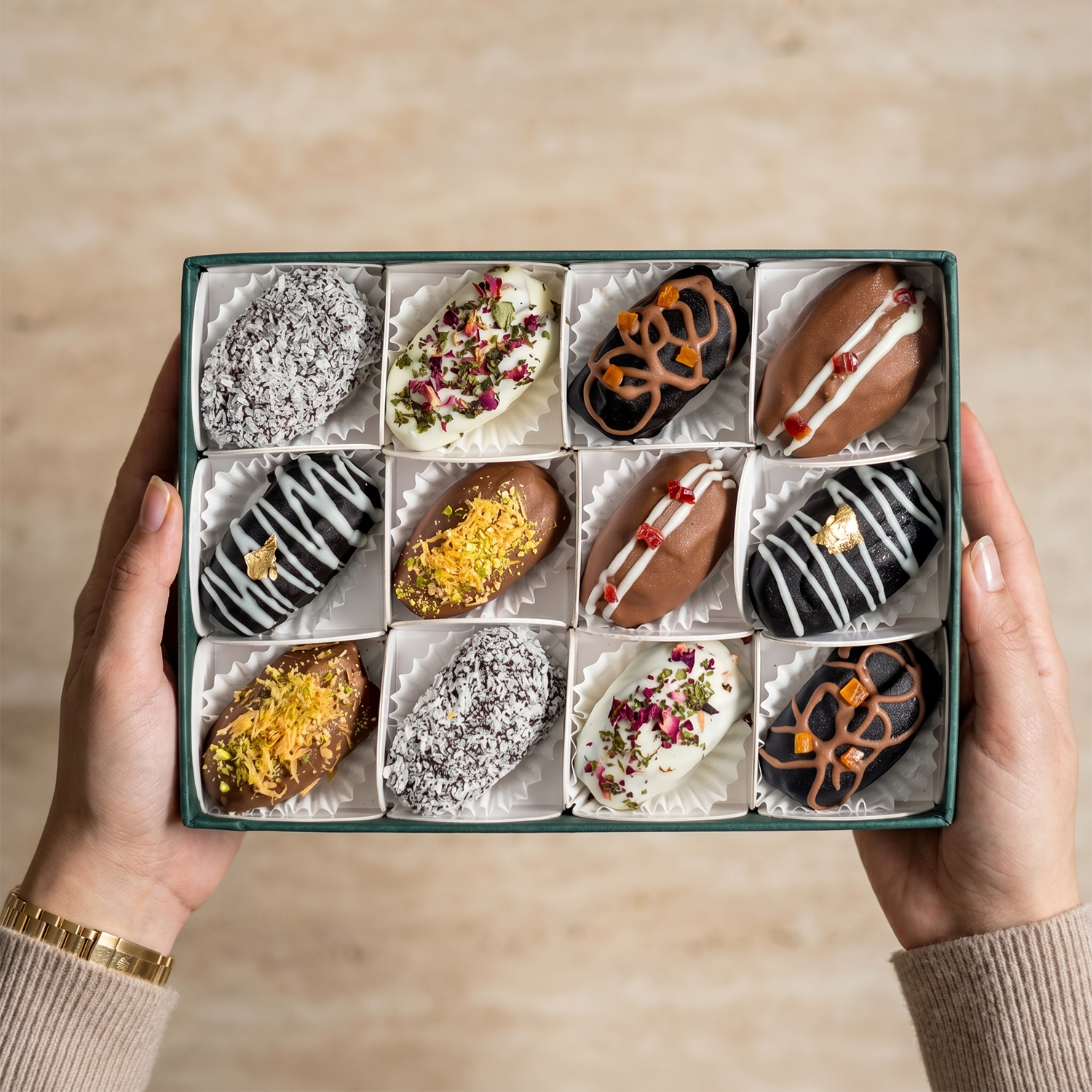 Teal stuffed dates gift box open, showing 12 compartments of assorted dipped dates