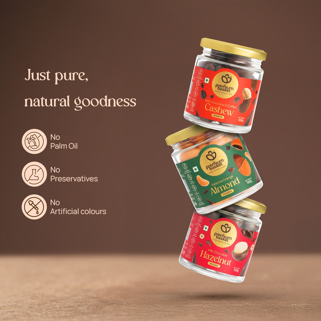 Stacked dragee jars: Cashew, Almond and Hazelnut, milk chocolate, 100 g
